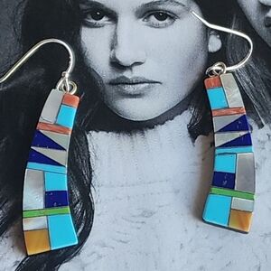 These are Sterling Silver Multistone Inlay Gibbsite Dangle Earrings